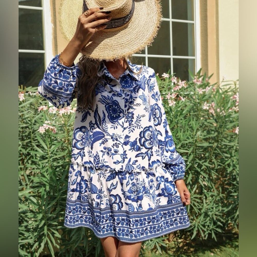 Floral Print Frill Trim Smock Dress